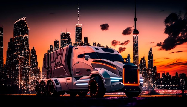 A truck with a city in the background
