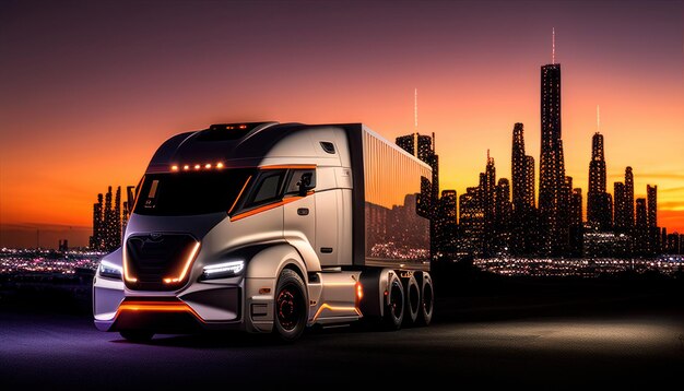 A truck with a city skyline in the background