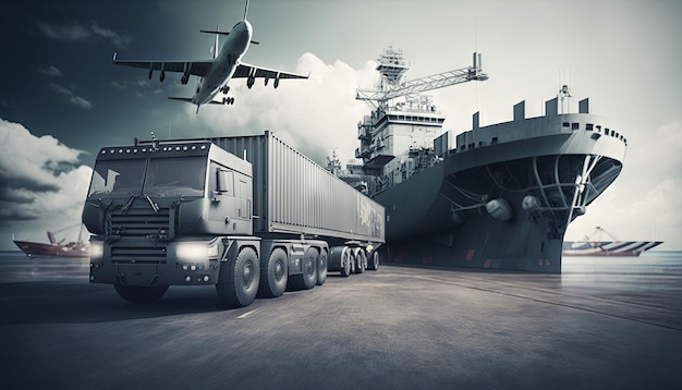 Truck with container and cargo plane on the background of the sea Generative AI