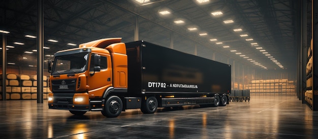 Truck with container in warehouse Logistics and transportation concept