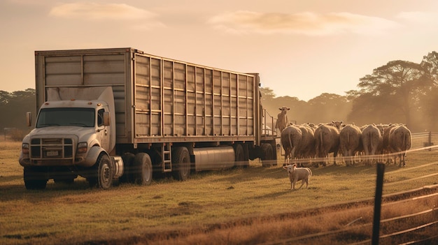 A truck with cows and a cow in the background