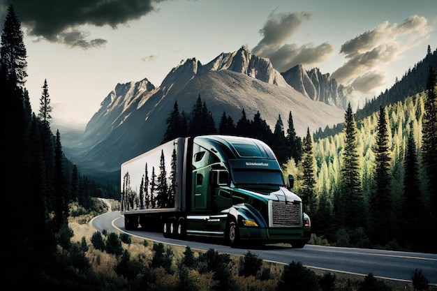 Truck with forest in the background traveling down winding mountain road created with generative ai