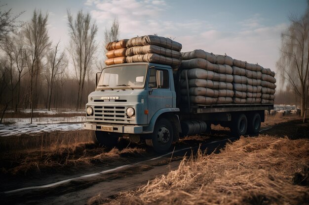 A truck with a load of hay on the back