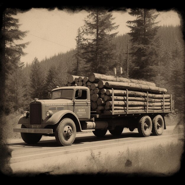 A truck with logs on the back is driving down the road.