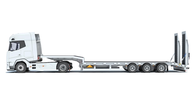 Фото Грузовик с 3d-рендерингом lowboy flatbed trailer на белом фоне