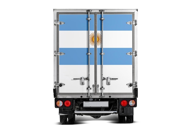 A truck with the national flag of Argentina depicted on the tailgate drives against a white background Concept of exportimport transportation national delivery of goods