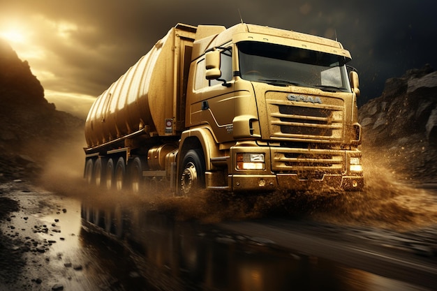 Truck with oil tanker on the road 3d rendering