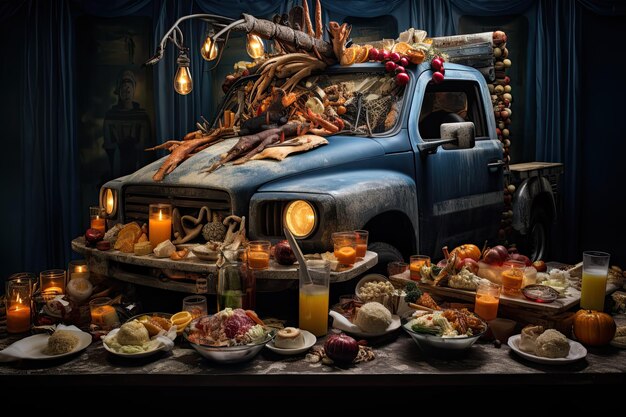 Photo a truck with plates of food and drinks