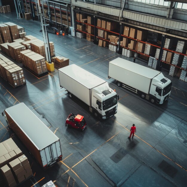 a truck with a red cab is parked in a warehouse