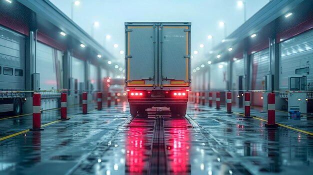 a truck with red neon lights in a dark corridor