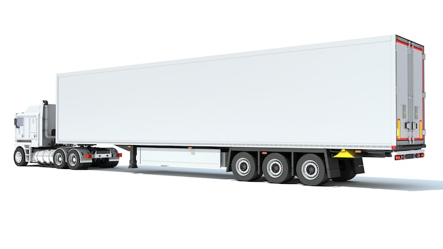 Photo truck with reefer refrigerator trailer 3d rendering on white background