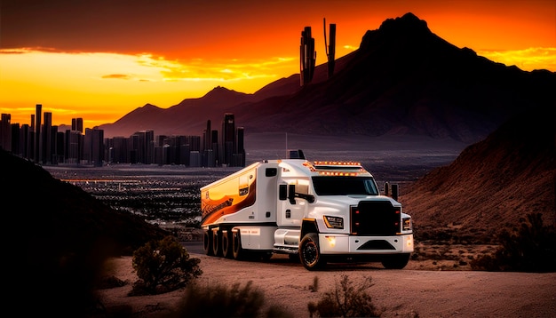 A truck with a sunset in the background