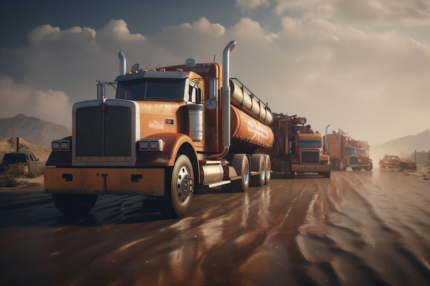 A truck with a tank on the front is driving on a dirt road.