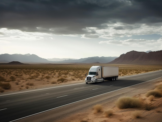 A truck with a trailer driving on a highway.