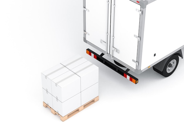 Truck with white cardboard boxes Mockup on euro pallet 3d rendering