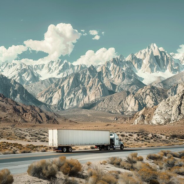 Photo truck with a white trailer drives down a road with mountains
