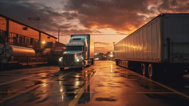 a truck with the word " on the front is driving down a wet street.