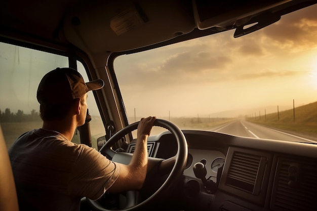 Trucker rijdende vrachtwagen Vrachtwagenchauffeur baan Fotorealistische illustratie AI gegenereerd