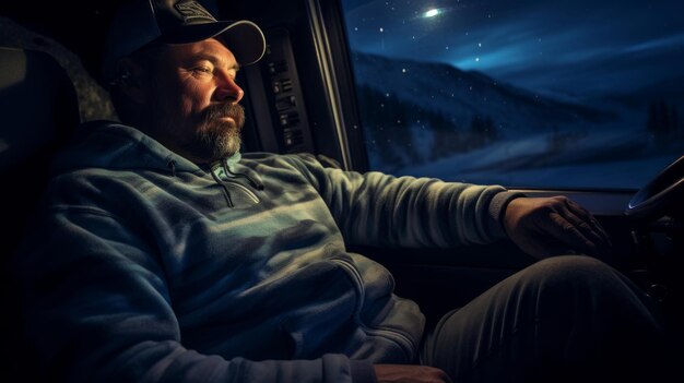 Trucker taking a break serene night sky outside