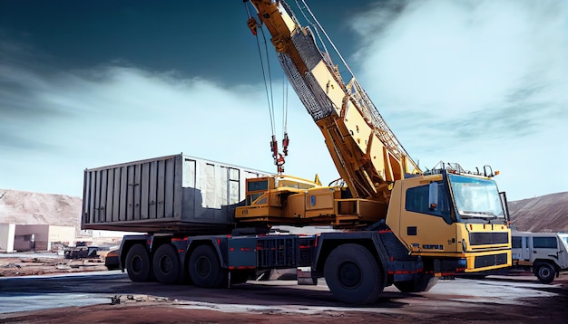 A truckmounted crane in the construction site The c