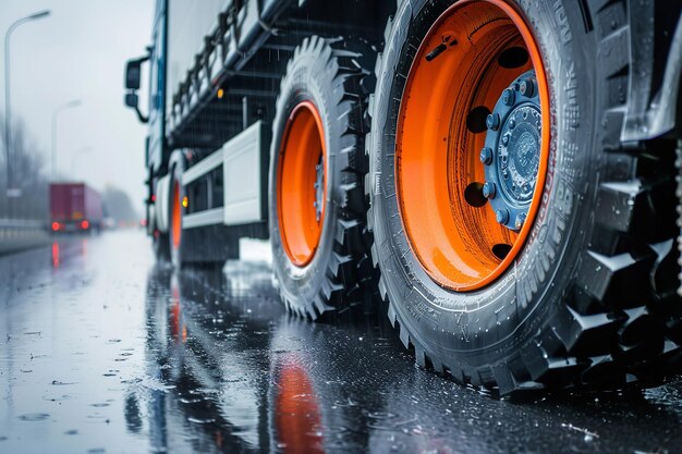 Trucks chassis with orange wheels on a rainy road closeup Safety Concept and Tire Grip on Wet Road Generative AI