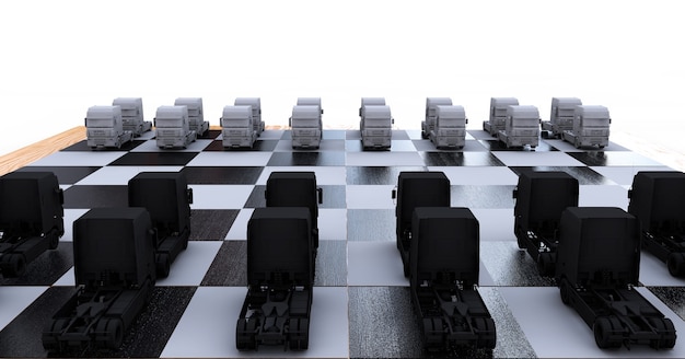 Trucks on a chessboard 3d render