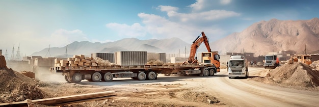 trucks delivering construction materials to the site