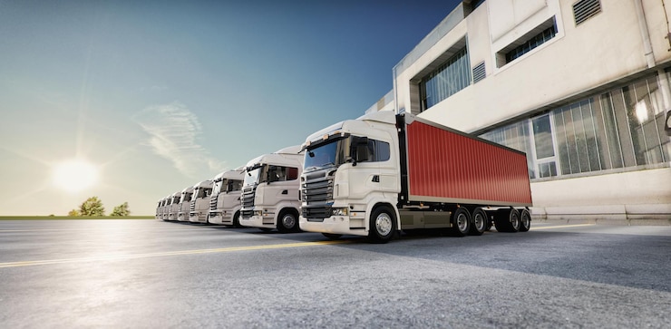 Photo trucks industry and warehouses3d rendering illustration