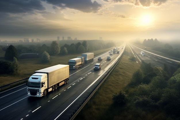 Trucks lorries and traffic on newly laid highway motorway