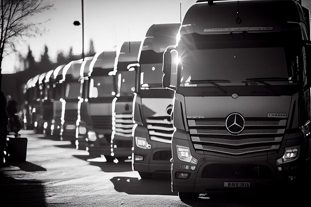 Photo trucks parked in a parking lot freight transportation logistics and transport