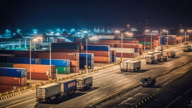 Trucks on a road at night with a lot of containers.