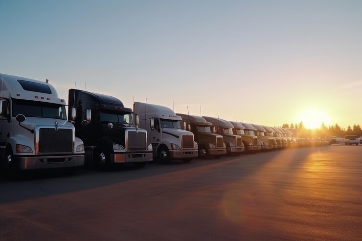 Trucks in a row on the road at sunset Transport and logistics concept Generative AI