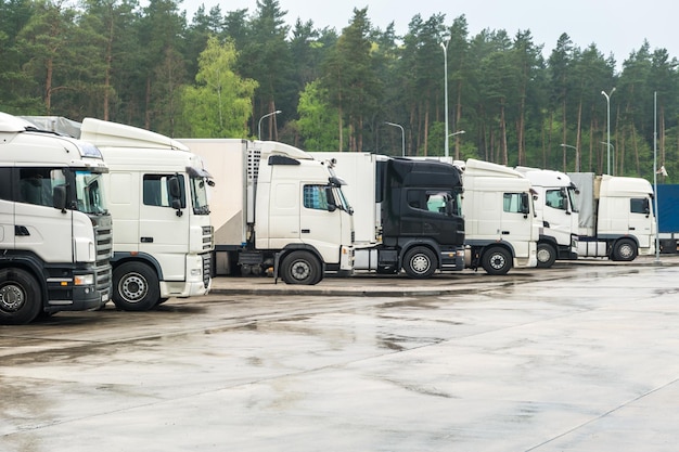 Foto camion in fila con contenitori nel parcheggio vicino al concetto di logistica e trasporto forestale