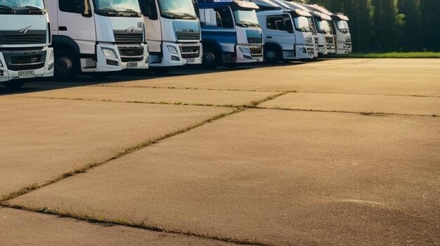 Foto camion in fila con contenitori nel parcheggio vicino alla foresta