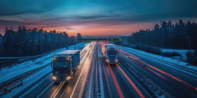 Foto camion che viaggiano su un'autostrada di notte motion blur light generative ai