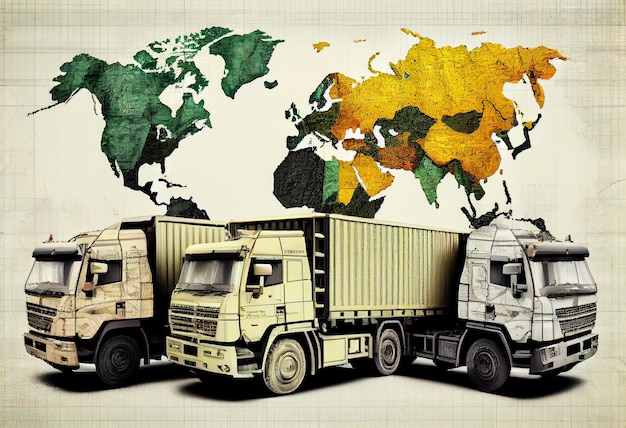 Trucks with cargo on the background of the world map Generate Ai