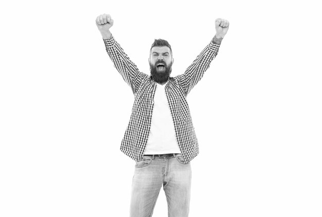 True winner successful hipster smiling happy bearded man in casual checkered shirt caucasian guy