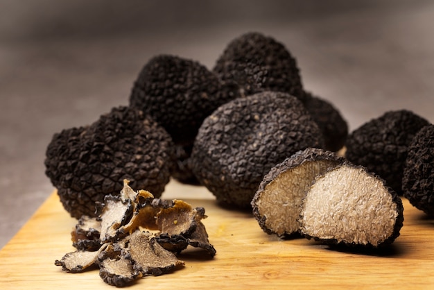 Truffles arrangement on wooden board