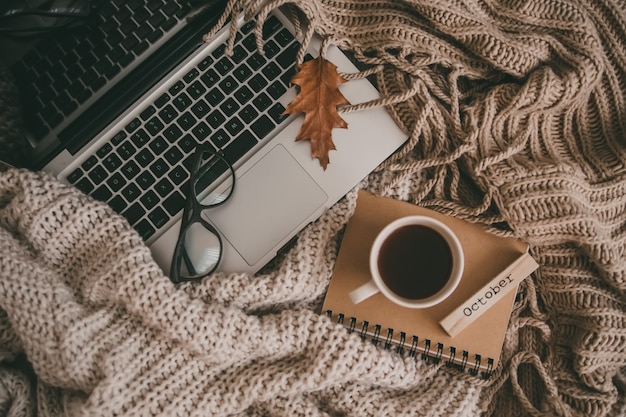 Truien en kopje thee met notebook, laptop en breikleding