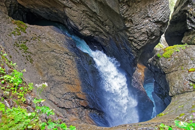 Trummelbach falls, waterfall in the mountain in Lauterbrunnen valley, District of Interlaken, Bern canton, Switzerland.