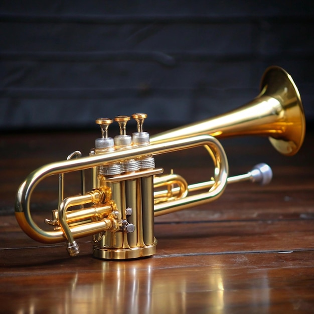 a trumpet is on a wooden floor with a reflection of the sun on the floor