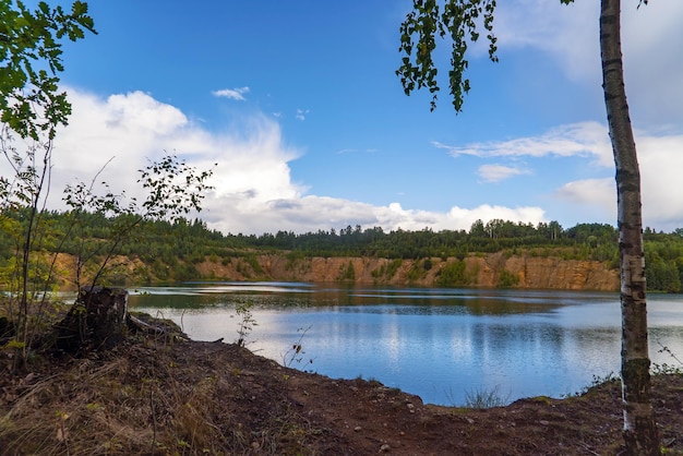 The trunk of a birch tree on the shore of a lake with snowwhite clouds in the sky