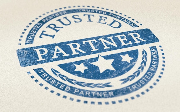 Photo trusted partner mark imprinted on a paper texture. concept background for illustration of trust in partnership and business services.