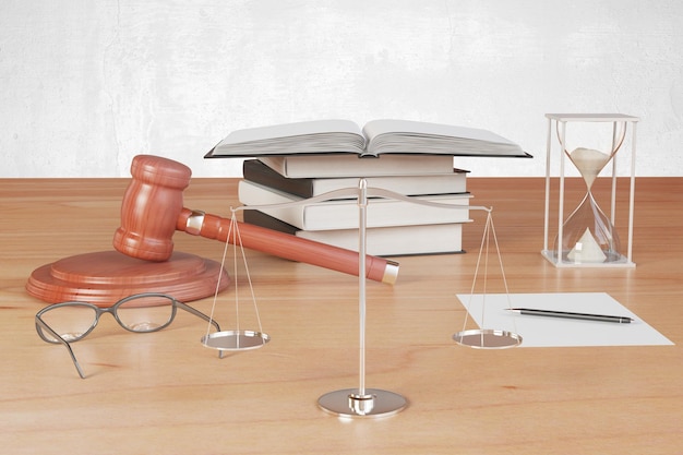 truth scales with gavel hourglass and books on wooden table