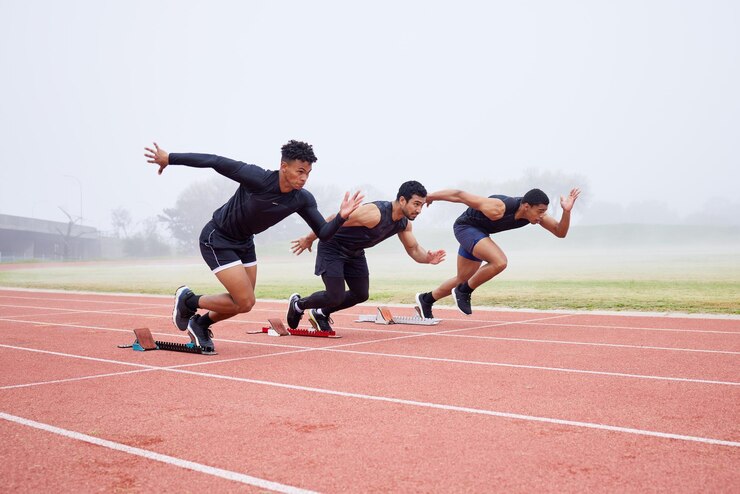 Photo 優位に立つことを試みています。トラックでレースを開始する3人のハンサムな若い男性アスリートの全身ショット。