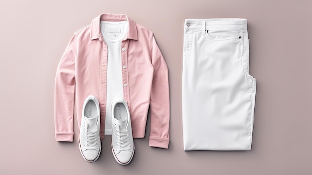 Tshirt blauwe jeans wit lederen sneakers modieuze roze blazer jas geïsoleerd op een grijze achtergrond Clean Branding kleding Mockup voor uw ontwerp Lente zomerkleding