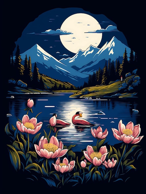 Photo tshirt design of alpine lake with ducks blooming wildflowers cool blue and pi 2d flat ink art