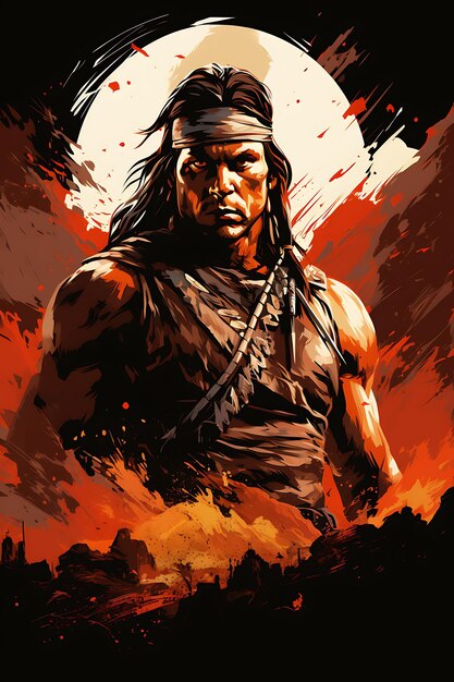 Tshirt Design of Apache Warrior in a Stealthy Ambush Pose Wielding a Tomahawk 2D Flat Vector Art