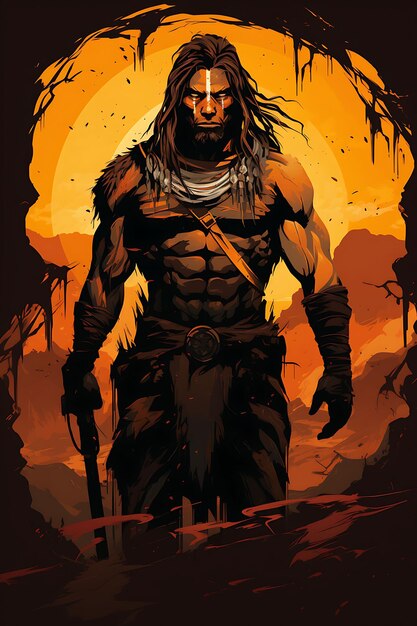 Photo tshirt design of apache warrior in a stealthy ambush pose wielding a tomahawk 2d flat vector art