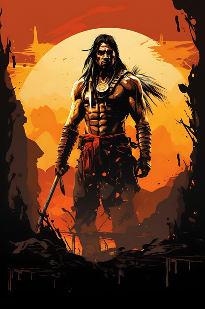 Photo tshirt design of apache warrior in a stealthy ambush pose wielding a tomahawk 2d flat vector art